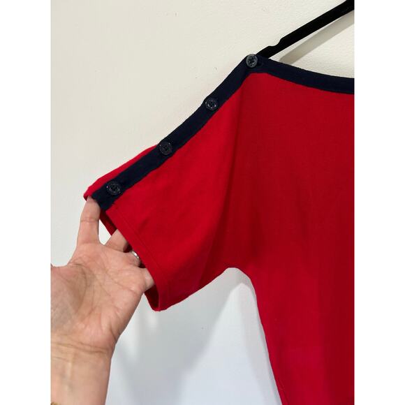 Lauren Ralph Lauren cotton knit top size S red with blue trim buttons boatneck - Picture 3 of 7